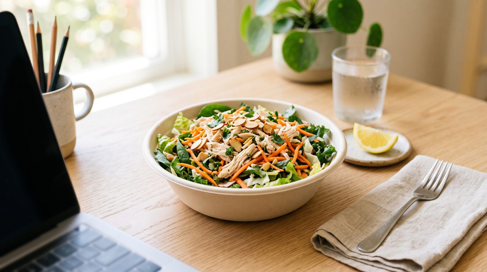 A fresh, protein-forward chicken crunch salad in bright natural light
