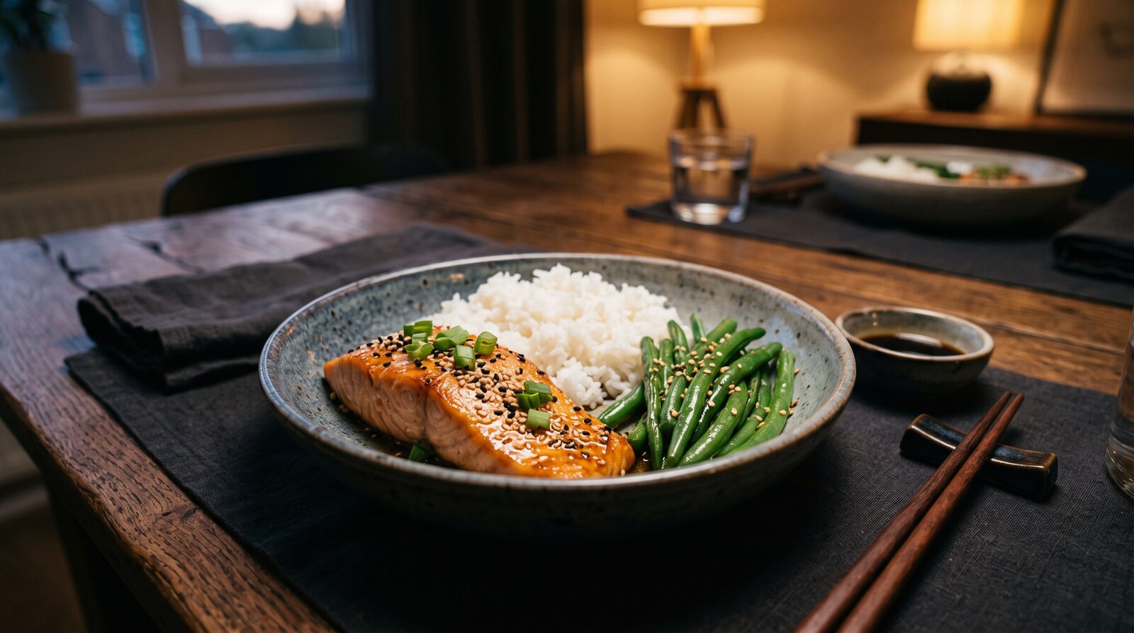 Salmon rice green bean bowl