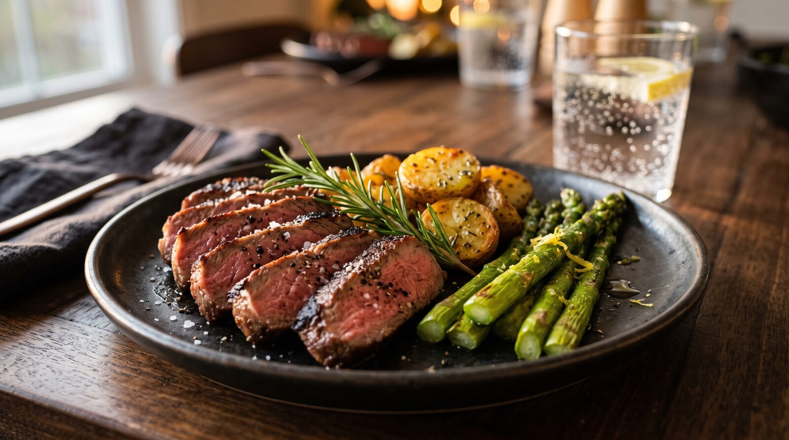 Steak, potatoes and asparagus
